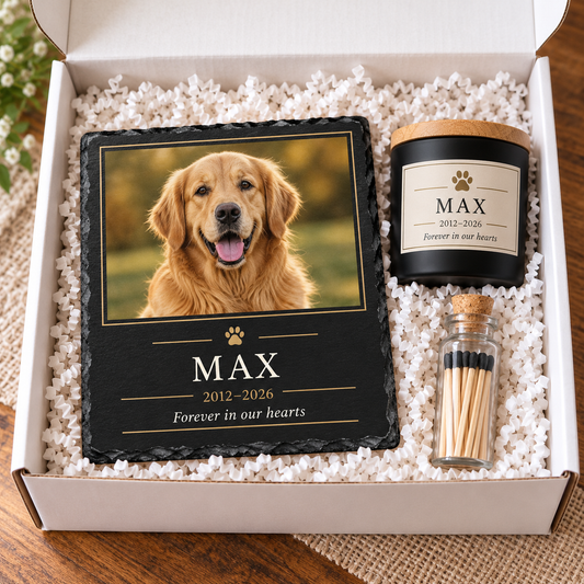Personalized pet memorial gift box with Max photo slate, black candle and bottled matches