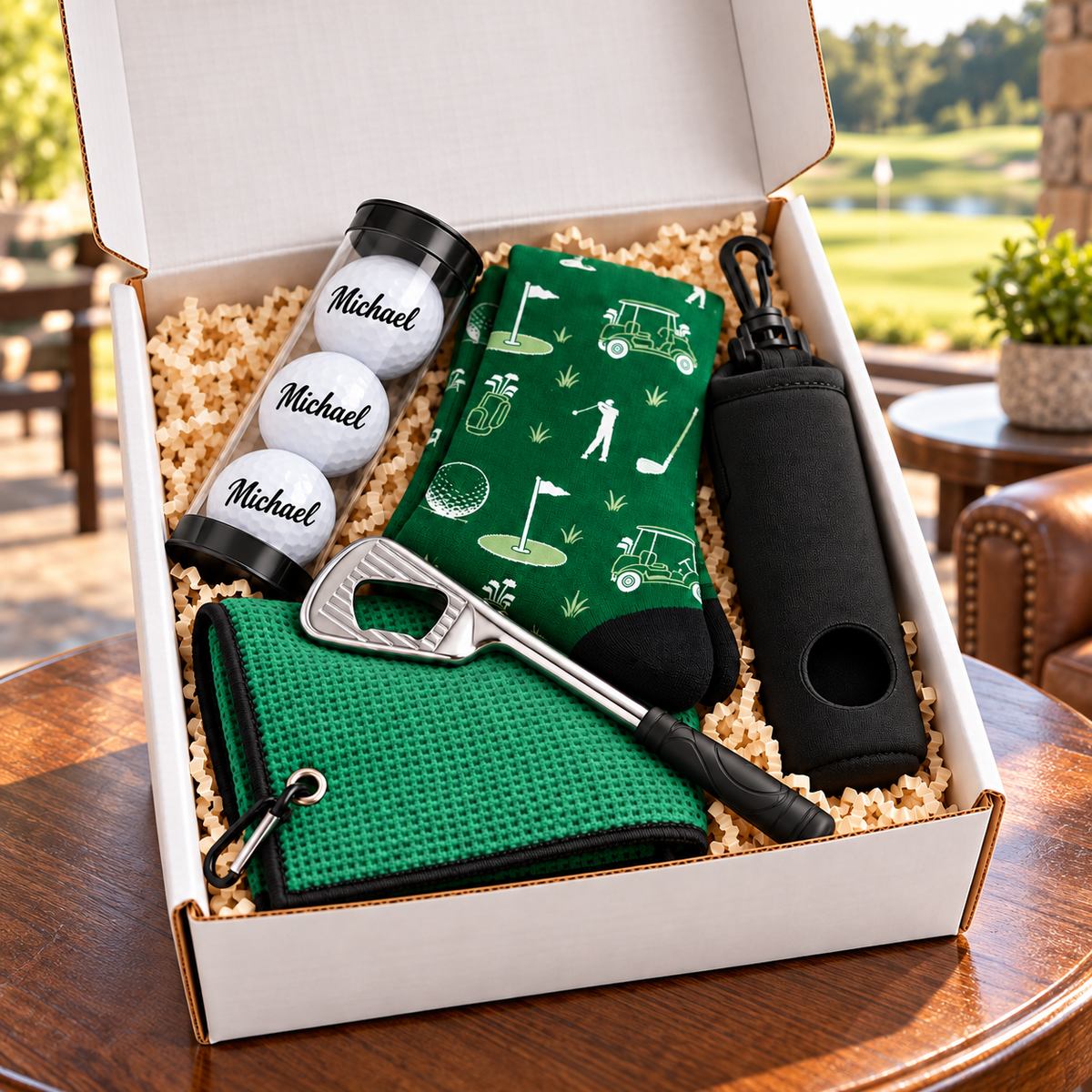 Golfer gift box displayed in a clubhouse setting with personalized golf balls and coordinated green accessories