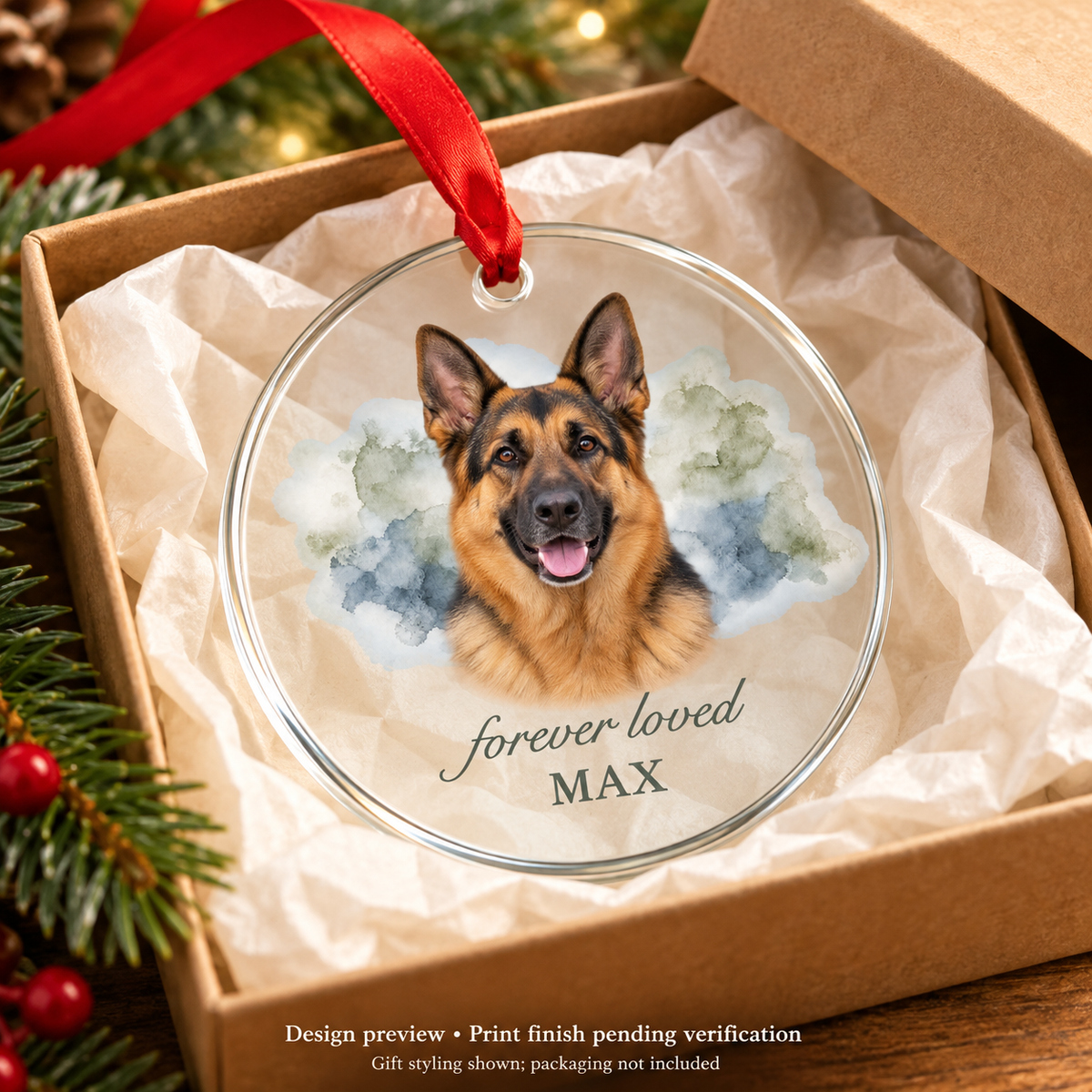 Design preview of Max German Shepherd memorial glass ornament styled in a gift box. Print finish pending verification. Gift packaging and styling props are not included.