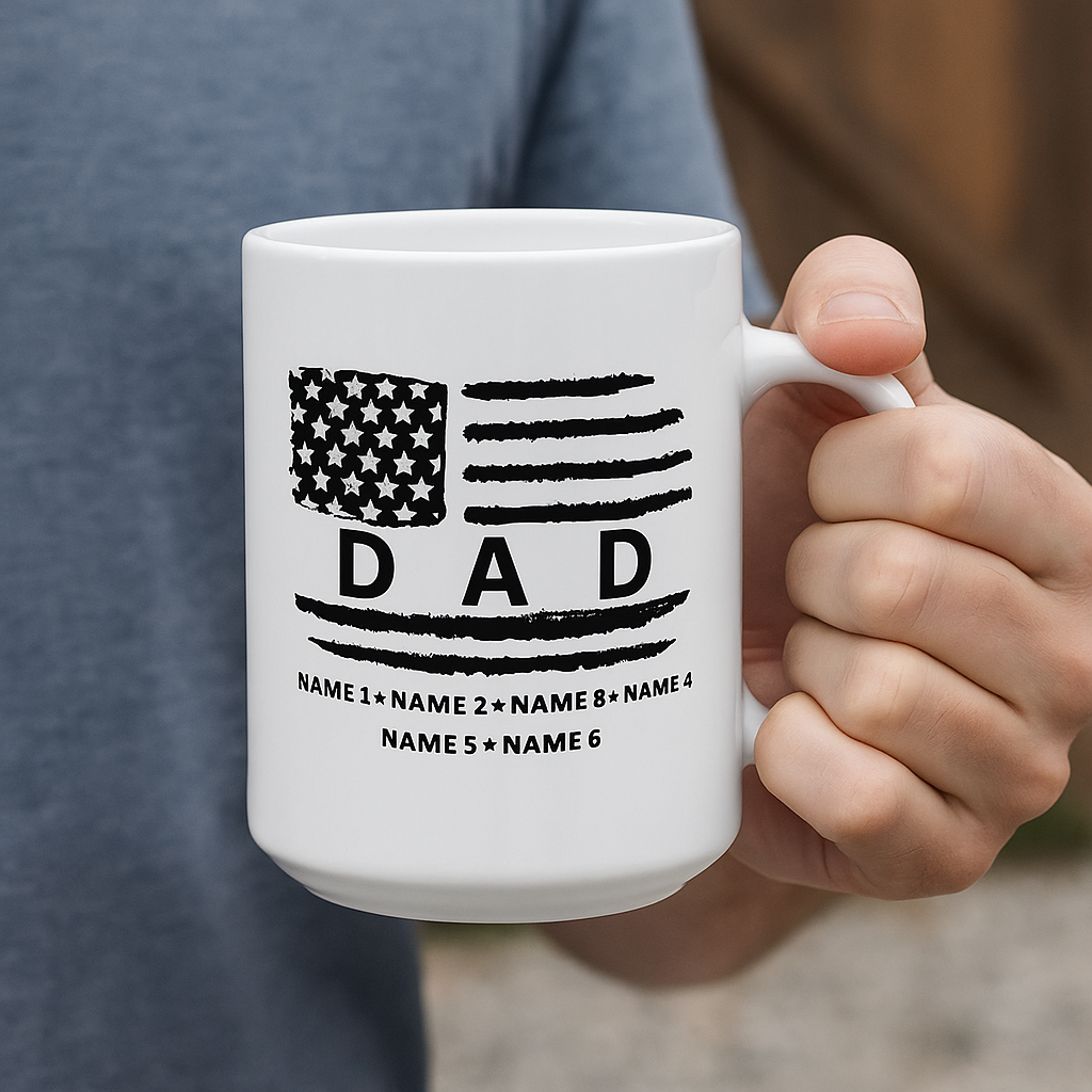 Personalized Dad Mug – Custom Name Mug with American Flag, Father’s Day Gift from Kids, Military Dad Coffee Cup, Patriotic Gift for Him