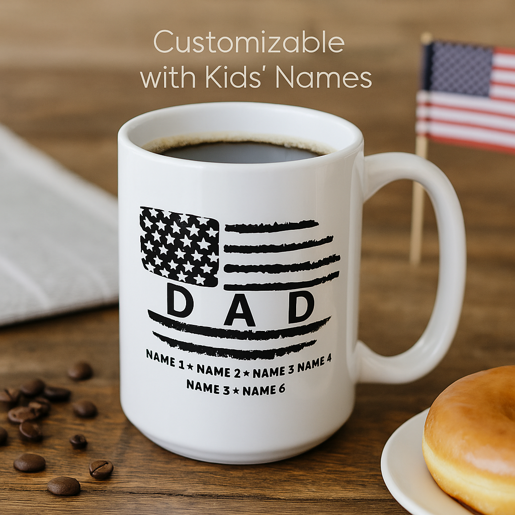 Personalized Dad Mug – Custom Name Mug with American Flag, Father’s Day Gift from Kids, Military Dad Coffee Cup, Patriotic Gift for Him