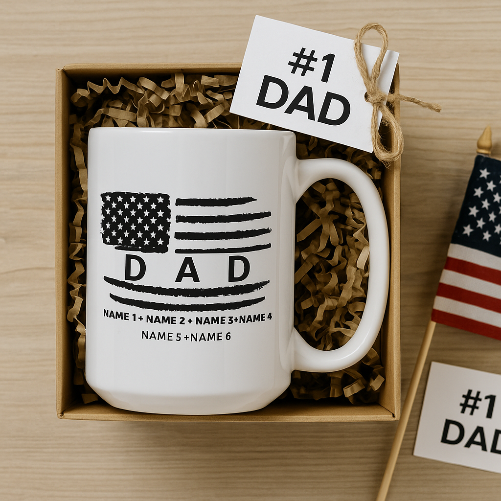 Personalized Dad Mug – Custom Name Mug with American Flag, Father’s Day Gift from Kids, Military Dad Coffee Cup, Patriotic Gift for Him