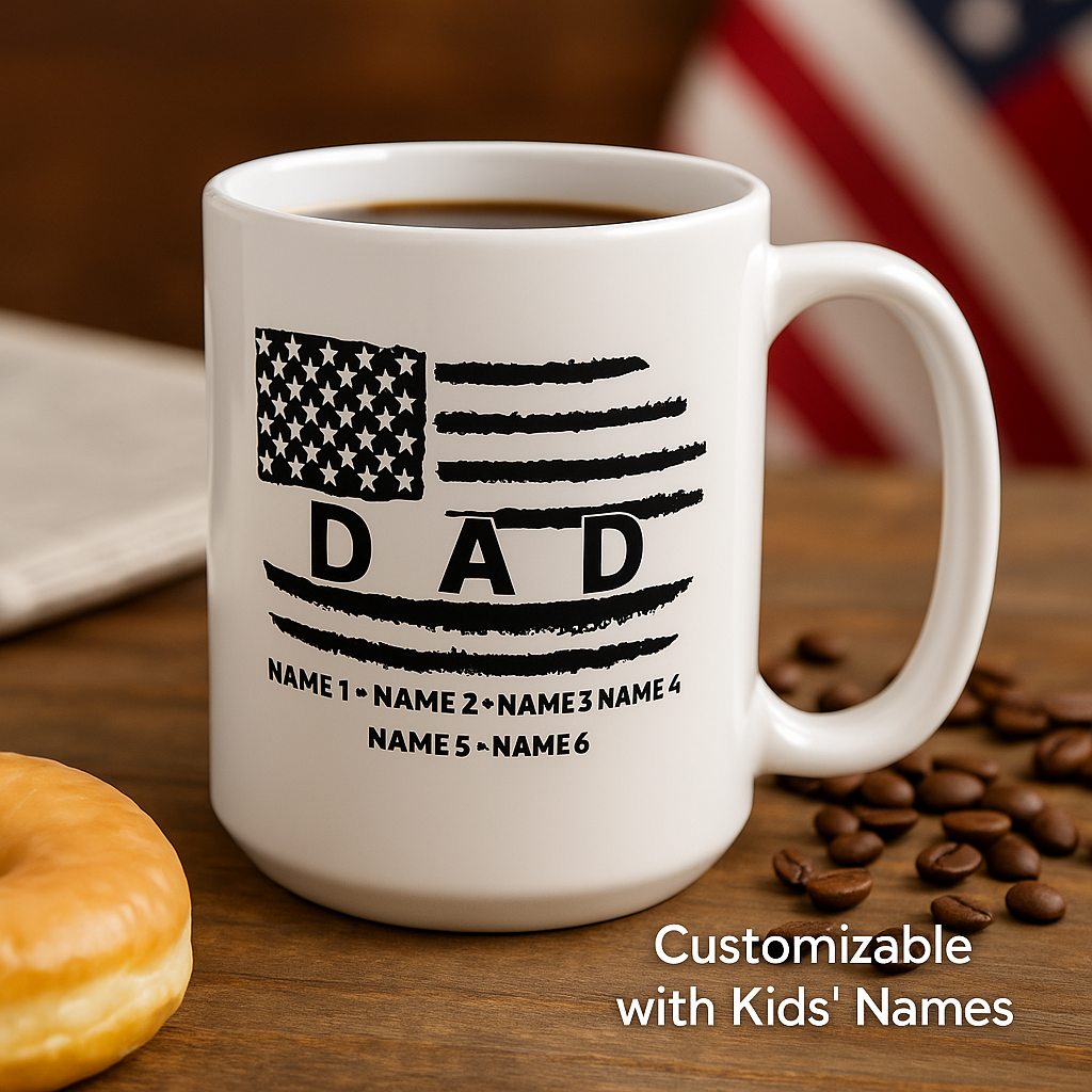 Personalized Dad Mug – Custom Name Mug with American Flag, Father’s Day Gift from Kids, Military Dad Coffee Cup, Patriotic Gift for Him