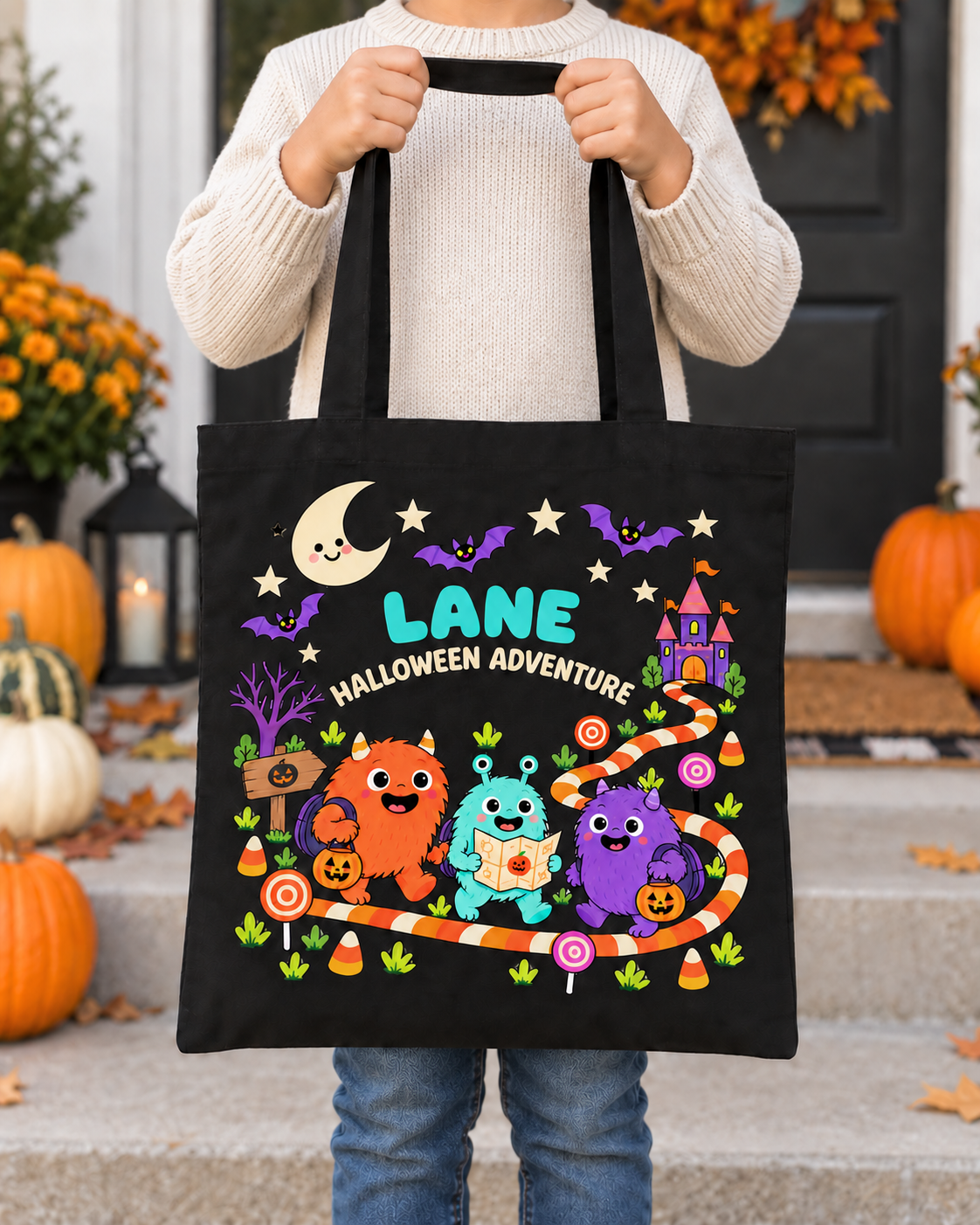 Child holding a personalized black Halloween trick-or-treat tote bag with the name LANE and three friendly monsters
