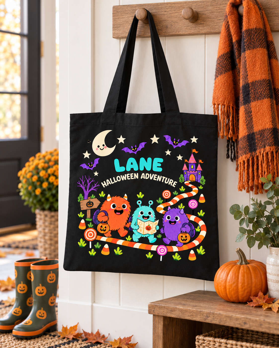 Personalized black Halloween trick-or-treat tote bag hanging by a full entryway with the name LANE