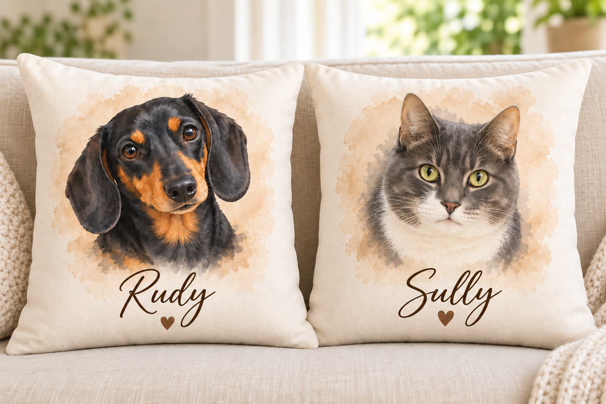 Two separate personalized watercolor pet portrait pillows on a cream sofa: a dachshund pillow named Rudy and a gray-and-white cat pillow named Sully. Each pillow is sold individually.