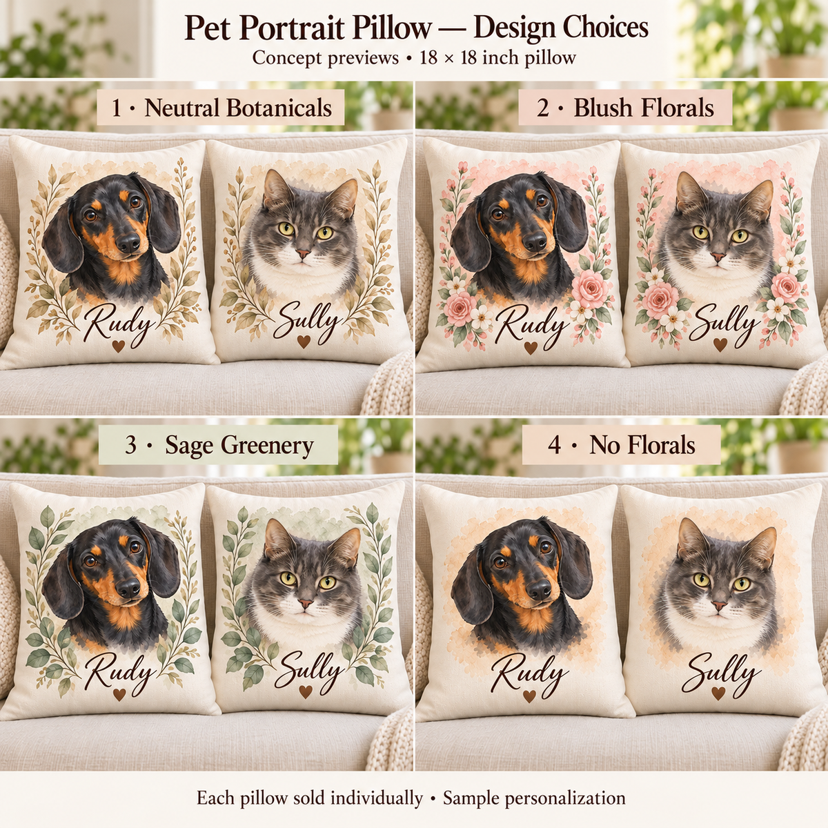 Personalized Watercolor Pet Portrait Pillow with Name | 18×18