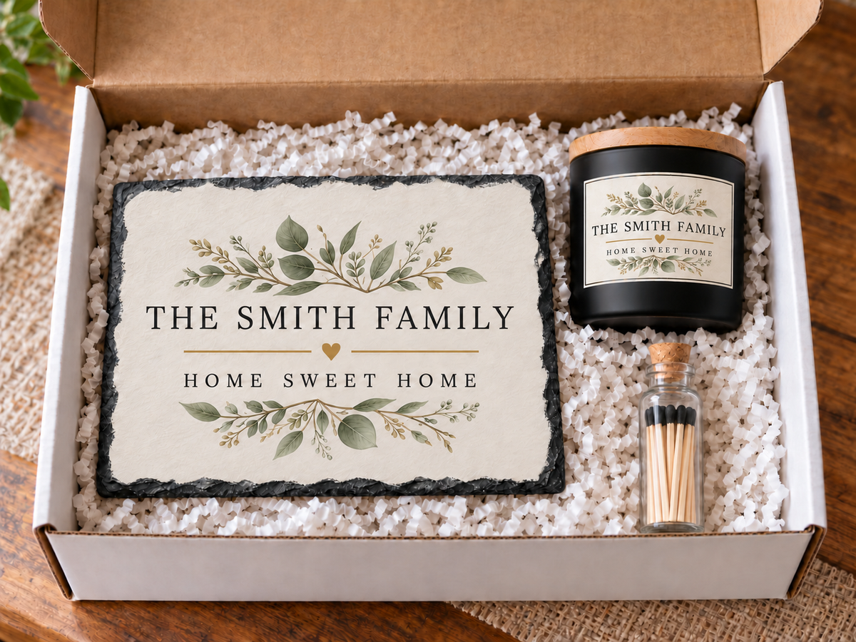 Personalized Home Sweet Home gift box with Smith family slate, candle and bottled matches