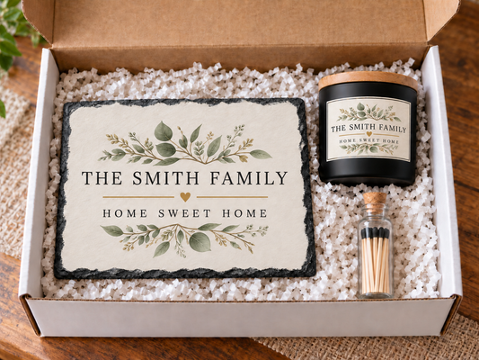 Personalized Home Sweet Home gift box with Smith family slate, candle and bottled matches