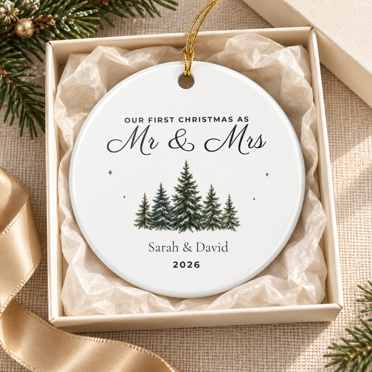 First Christmas Mr & Mrs ceramic ornament with evergreen trees, sample names Sarah & David and year 2026, styled in a cream gift box with tissue and gold ribbon.