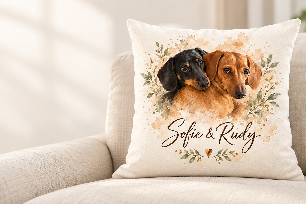 Off-white personalized pillow on a cream sofa, showing watercolor-style portraits of two dachshunds, botanicals, a small heart, and the sample names Sofie & Rudy.