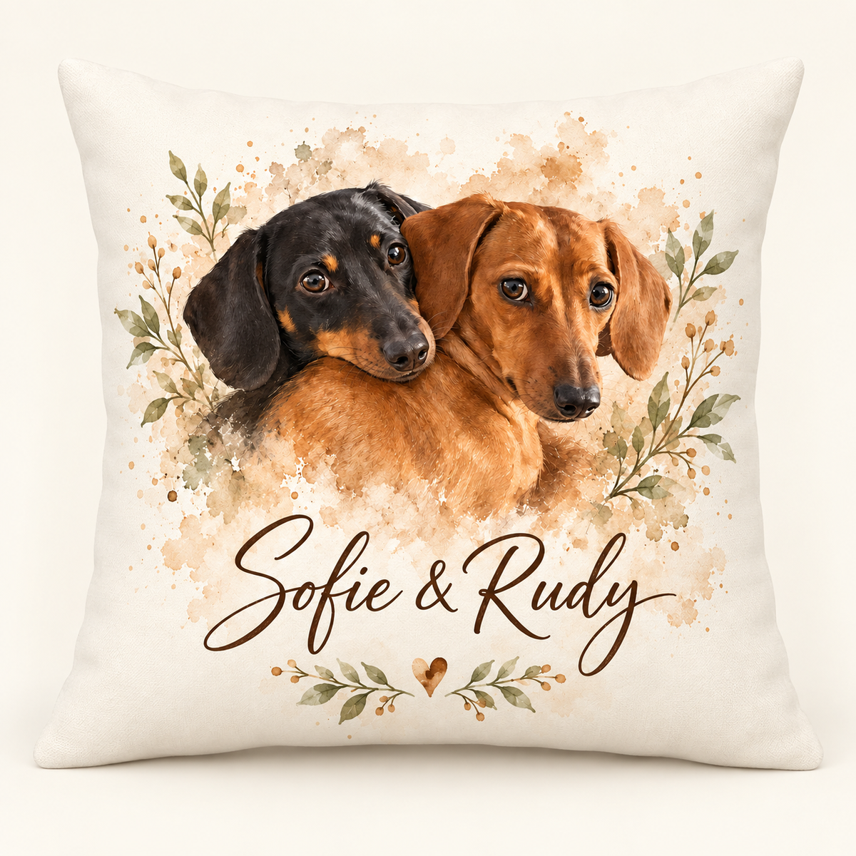 Front view of an off-white personalized pillow with watercolor-style portraits of two dachshunds, leafy botanicals, a small heart, and the sample names Sofie & Rudy.