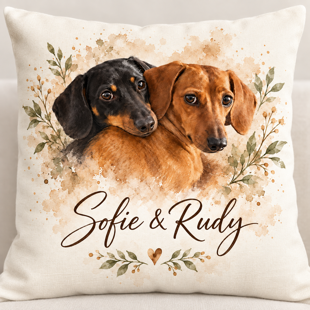 Close-up of the watercolor-style dachshund portraits, leafy botanicals, small heart, and large Sofie & Rudy sample names on an off-white pillow.