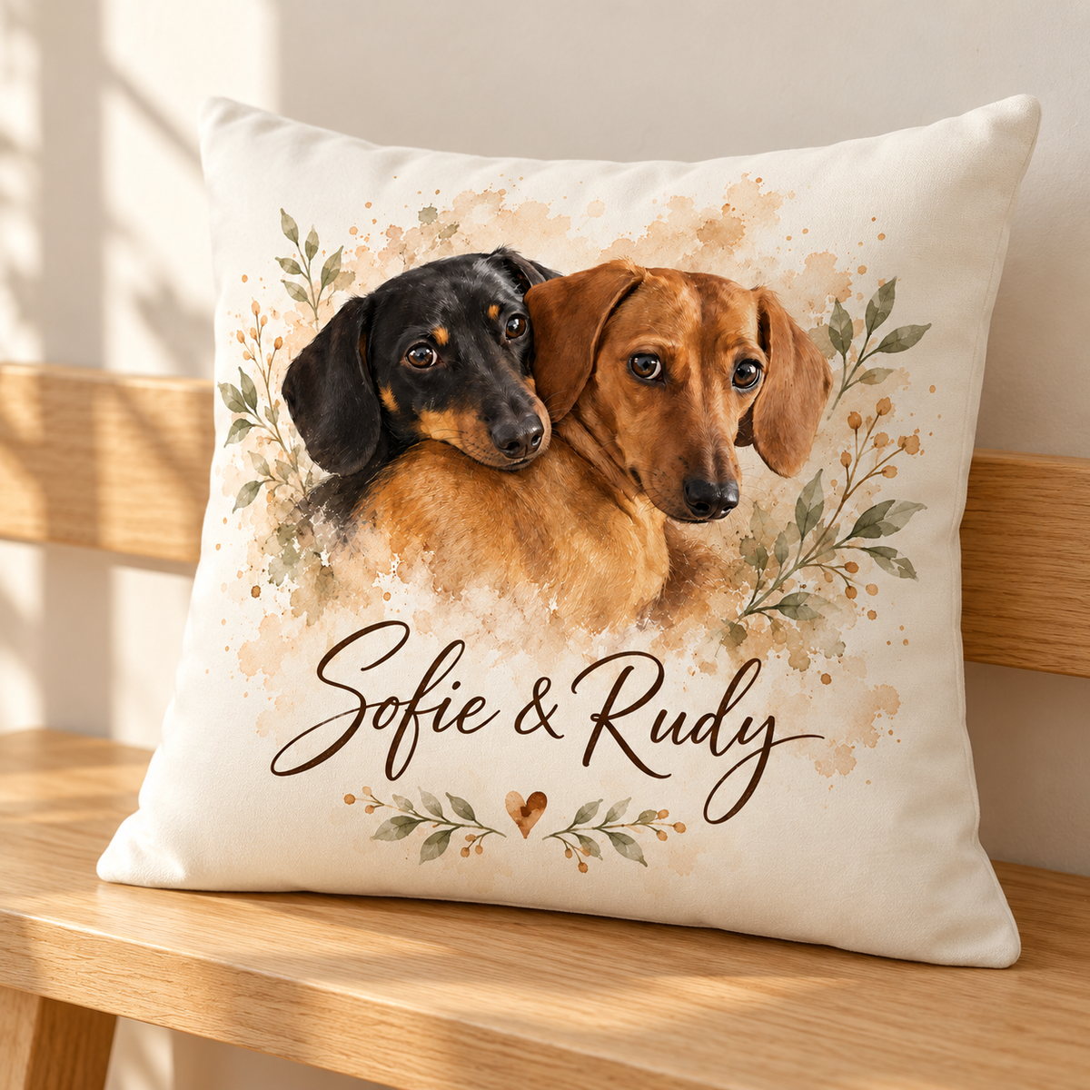 Angled view of an off-white personalized pillow on a wooden bench, featuring watercolor-style dachshund portraits, botanicals, a small heart, and the sample names Sofie & Rudy.