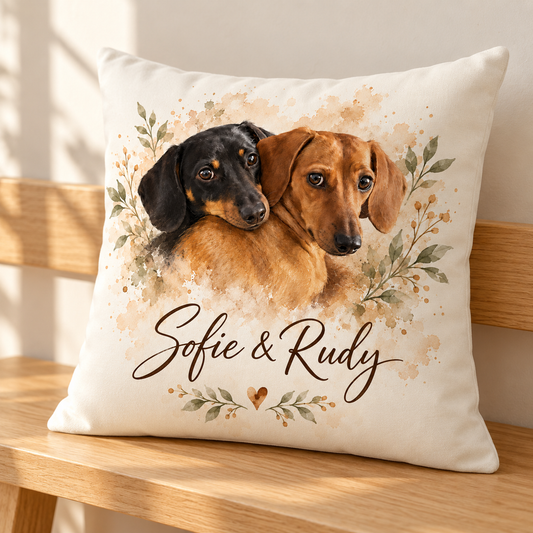 Angled view of an off-white personalized pillow on a wooden bench, featuring watercolor-style dachshund portraits, botanicals, a small heart, and the sample names Sofie & Rudy.