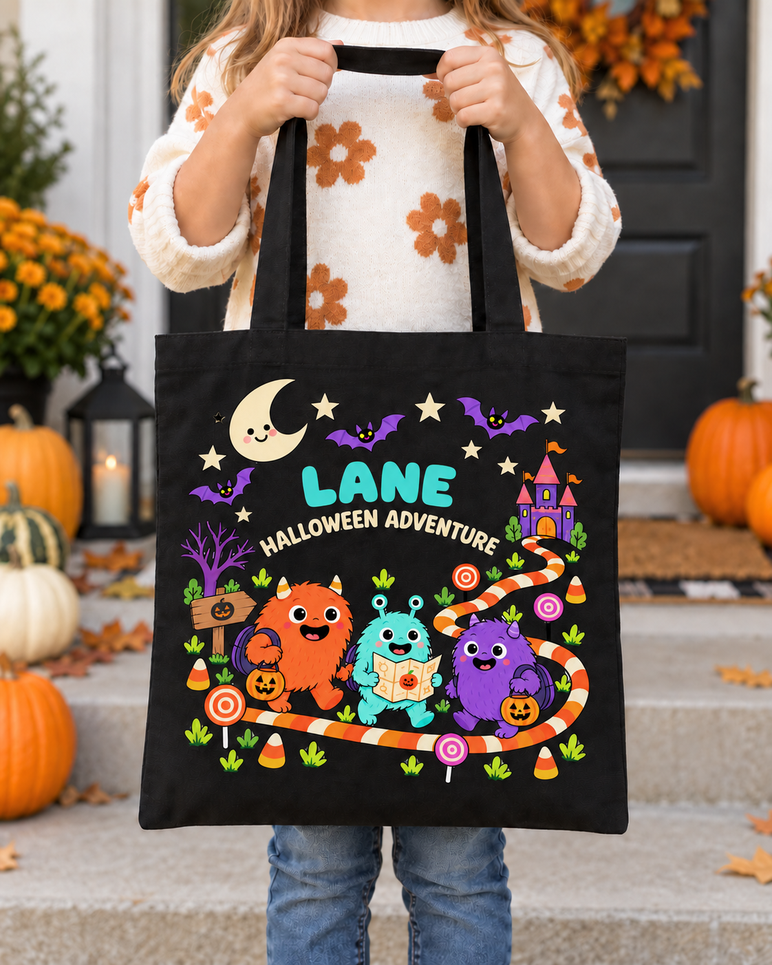 Girl holding a personalized black Halloween trick-or-treat tote bag with the name LANE and three colorful friendly monsters