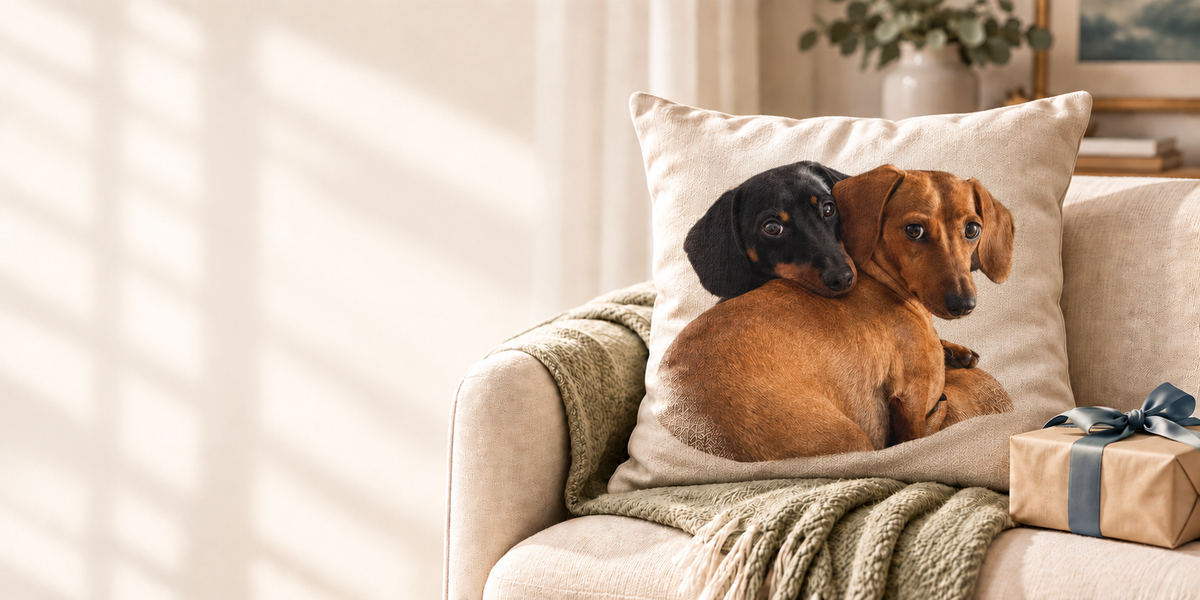 wo dachshunds featured on a personalized keepsake pillow