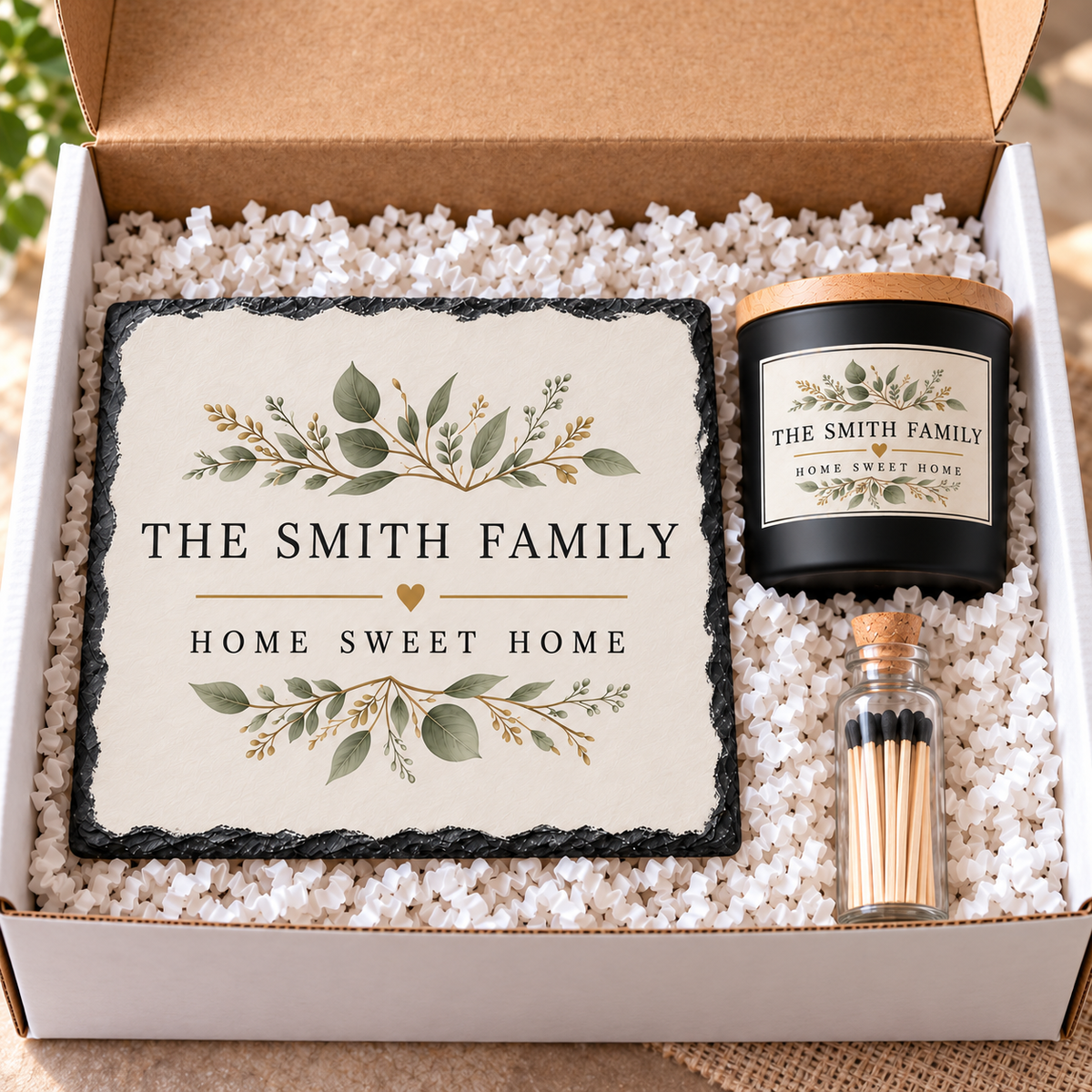 Top view of personalized Smith family Home Sweet Home slate, candle and matches gift box