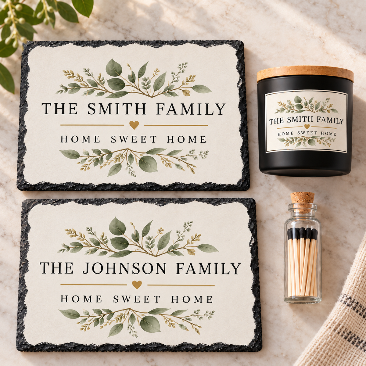Personalized Smith and Johnson family slate examples with matching candle and bottled matches