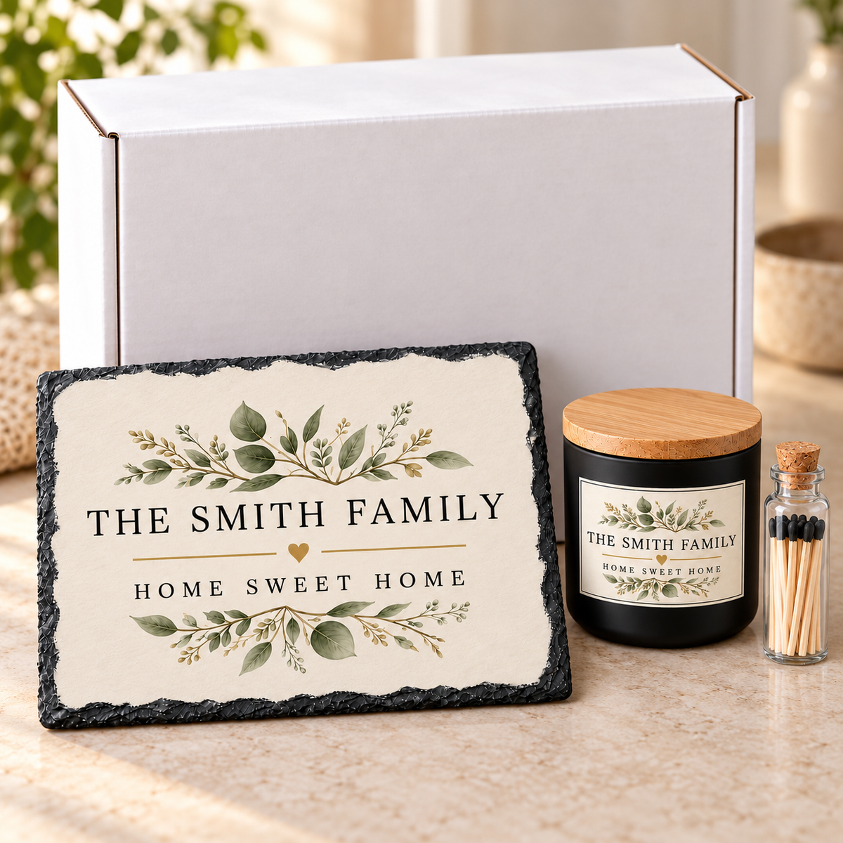 Personalized Smith family slate, matching candle and bottled matches displayed with white gift box
