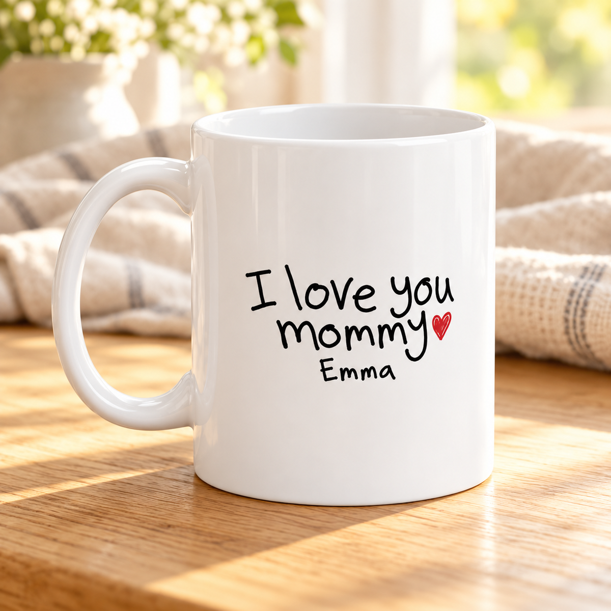 Sample handwriting mug on a wooden table in warm daylight, with “I love you mommy,” Emma’s name, and a red heart. Props are not included.